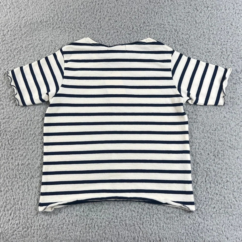 Ralph Lauren T-Shirt Girls 4 White Navy Striped Short Sleeve Lettuce Trim Pony